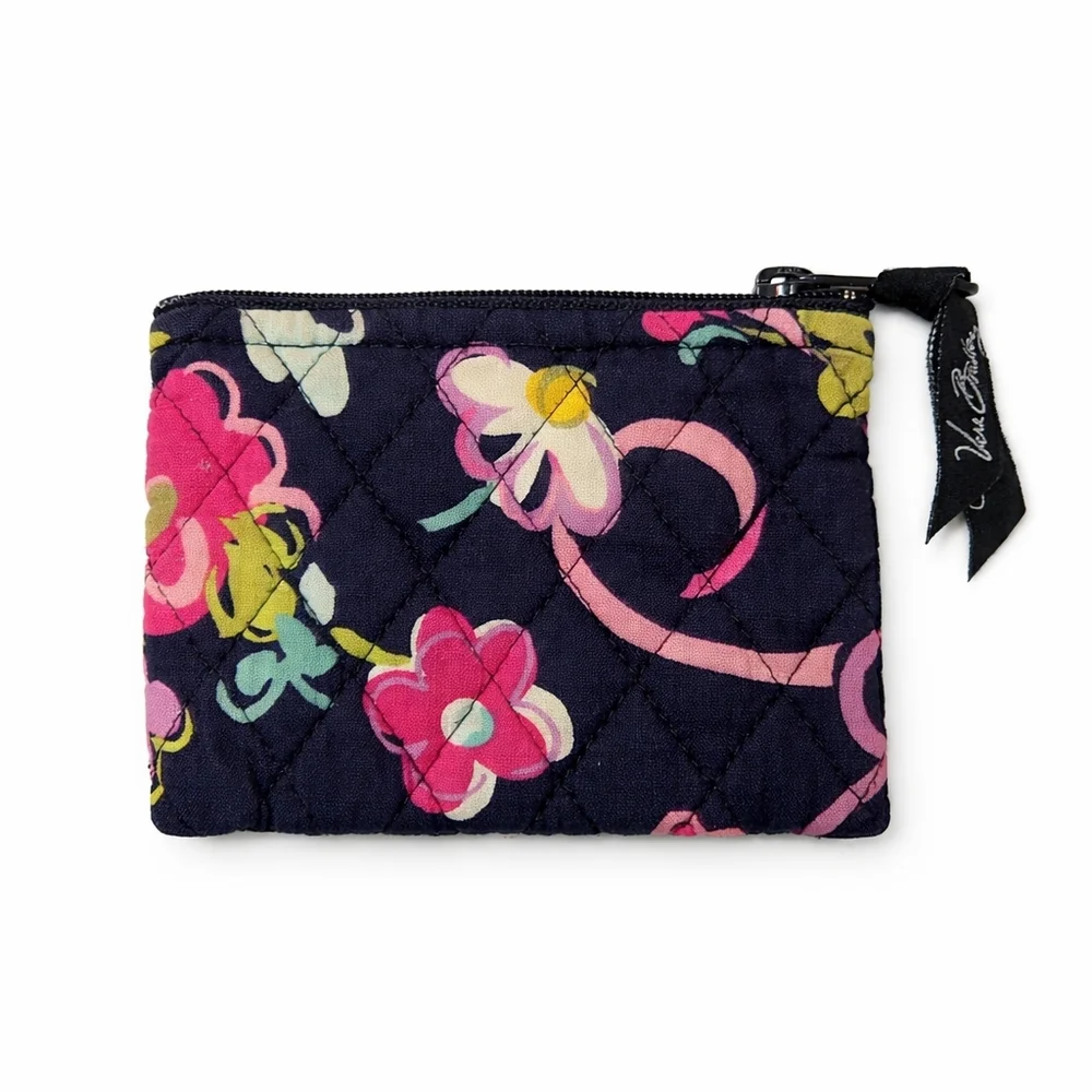 Vera Bradley Ribbons Quilted Zip Coin Pouch Wallet Navy Pink Floral - Picture 2 of 6